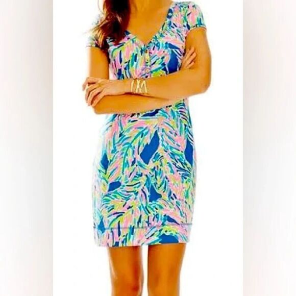 Lilly Pulitzer "Palmira" Pink Blue Palm Reader Pasley Cotton V-Neck Dress sz XS - Picture 1 of 11